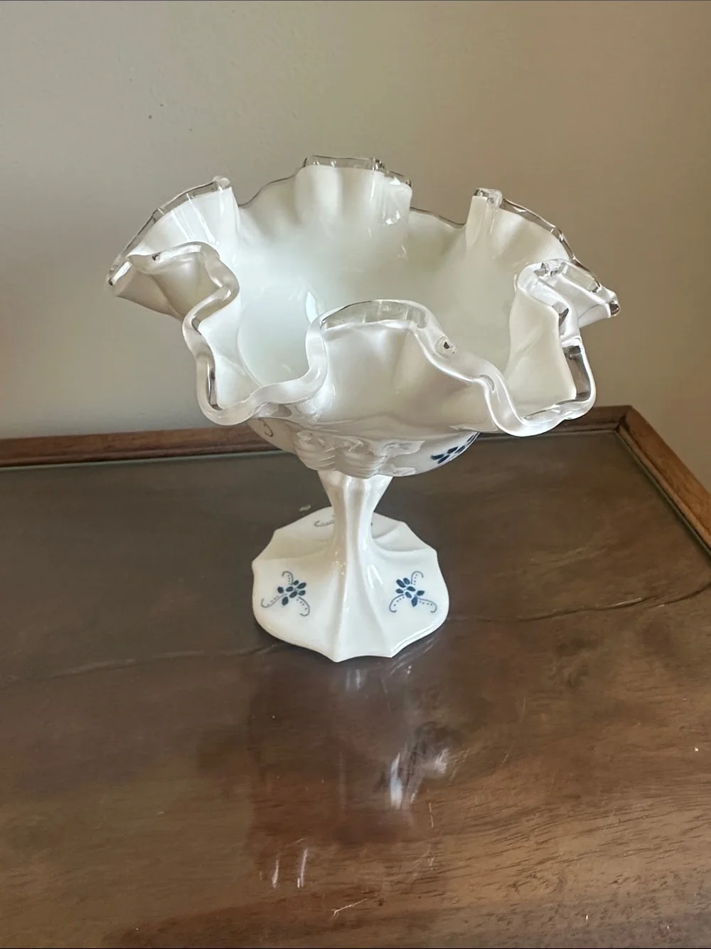 Vintage Fenton Silver Crest Milk Glass Compote with Hand Painted Blue Floral